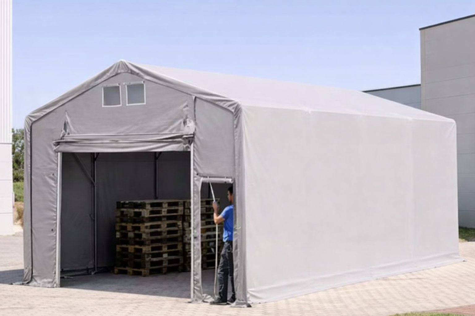 Šatorska hala Outlander 5x10m, PRIMETex cerada, siva,bočna visina 4m + dodatni pješački ulaz