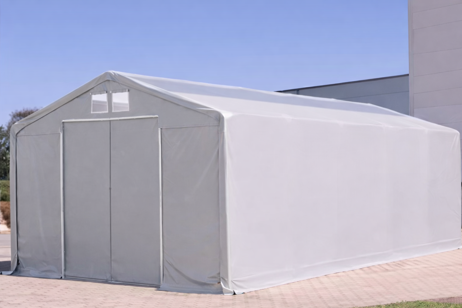 Šatorska hala 8x16m, PVC cerada, siva, klizna vrata